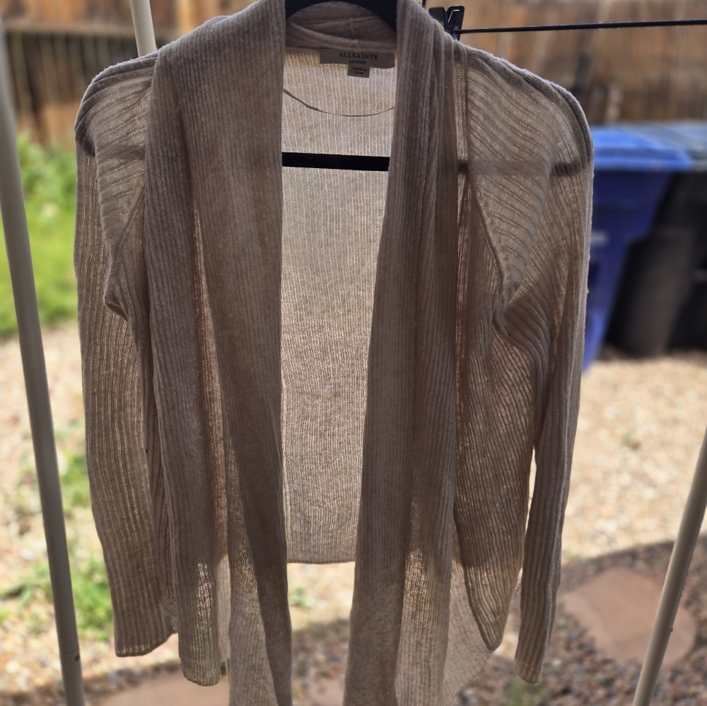 All Saints Tan Cardigan Sweater Lightweight V-Neck